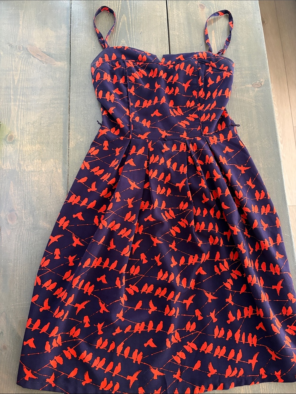 Kismet Navy Dress with Red Bird Pattern